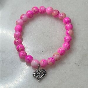 Vibrant Pink Beaded Bracelet with Heart Charm